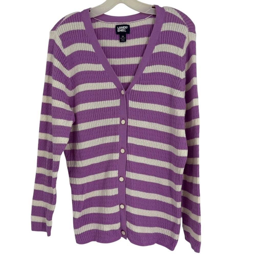 Lands End Cable Knit Cardigan Sweater Womens Size 2X Long Sleeve V Neck Cotton